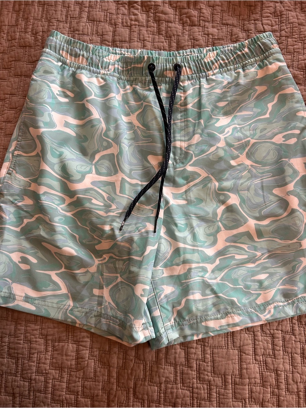 Quiksilver Aqua Marble Pattern Swim Trunks with Black Drawcord